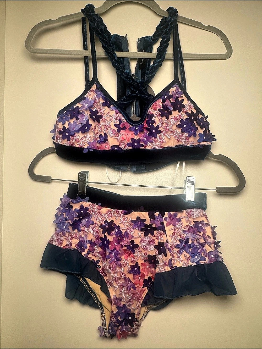 Ebonie n Ivory 3D Floral Lingerie Set Navy Velvet Sz M (Fits US XS/S) Brand new